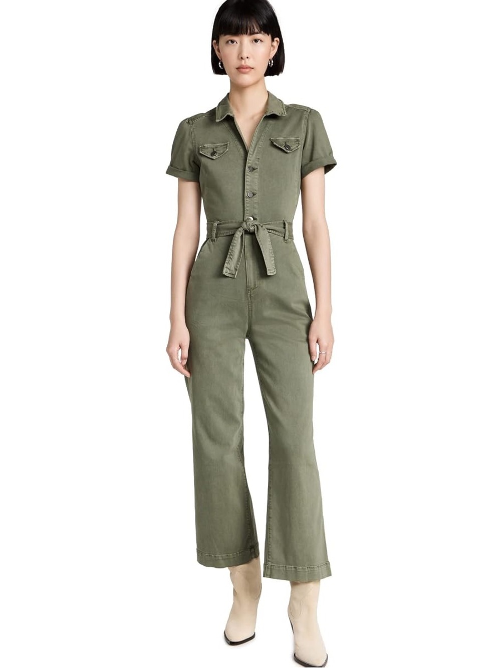 PAIGE Women's Short Sleeve Anessa Jumpsuit, Vintage Ivy Green, size 6